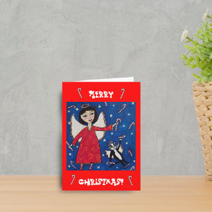 Carte de Noël Ange et Chat Bâton de Bonbon
