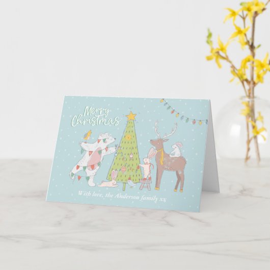 Carte de Noël Animaux décorant un arbre (Fleur jaune)