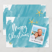 Carte de Noël Aqua Turquoise Tropical Watercolor J (Devant / Derrière)