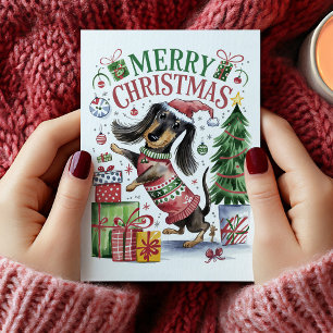 Carte de Noël aquarelle adorable de teckel