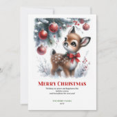 Carte de Noël aquarelle bébé cerf forêt enneigée é (Devant)