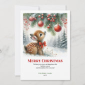 Carte de Noël aquarelle bébé faon forêt enneigée é (Devant)