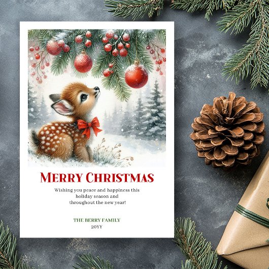 Carte de Noël aquarelle bébé faon forêt enneigée é