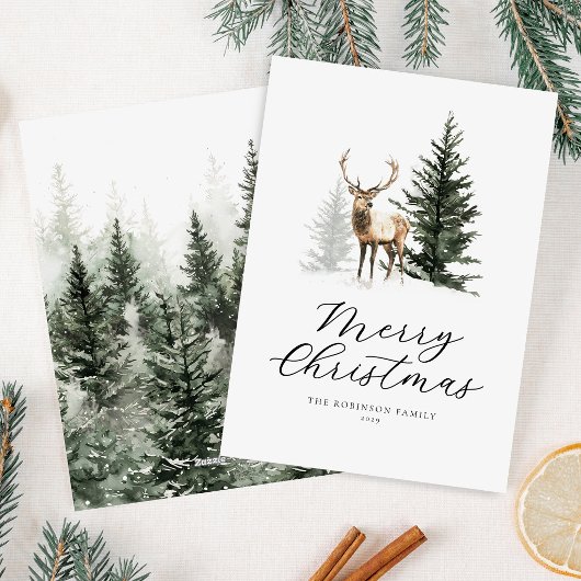 Carte de Noël aquarelle cerf bois