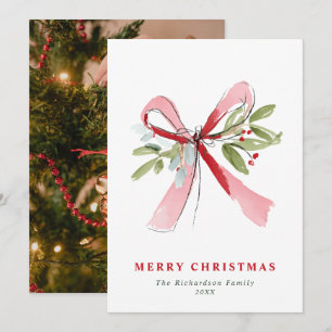 Carte de Noël aquarelle chic ruban rose et gui & p