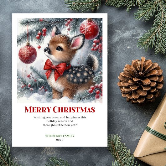Carte de Noël aquarelle de faon de forêt enneigée
