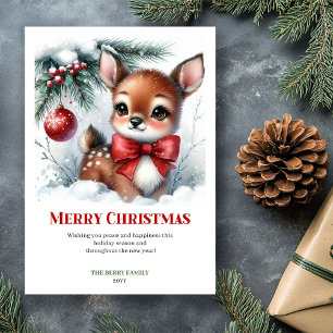 Carte de Noël aquarelle minimaliste bébé cerf forê