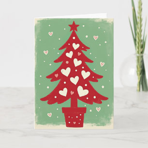 Carte de Noël Arbre de Noël Rouge Cœurs Blancs