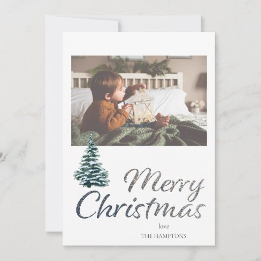 Carte de Noël Arbre Joyeux & Paillettes Argentées (Devant)