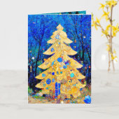 Carte de Noël arbres bleus et dorés stylisés Klimt (Fleur jaune)