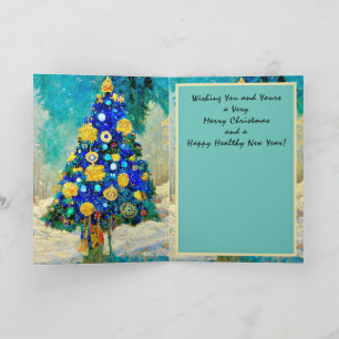 Carte de Noël arbres bleus et dorés stylisés Klimt