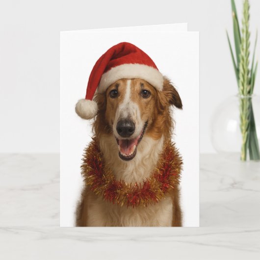 Carte de Noël au borzoï (marron et blanc) avec un (Devant)