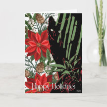 Carte de Noël au chat noir et au poinsettia