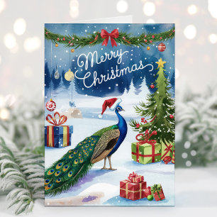 Carte de Noël au paon aquarelle Joyeux Noël
