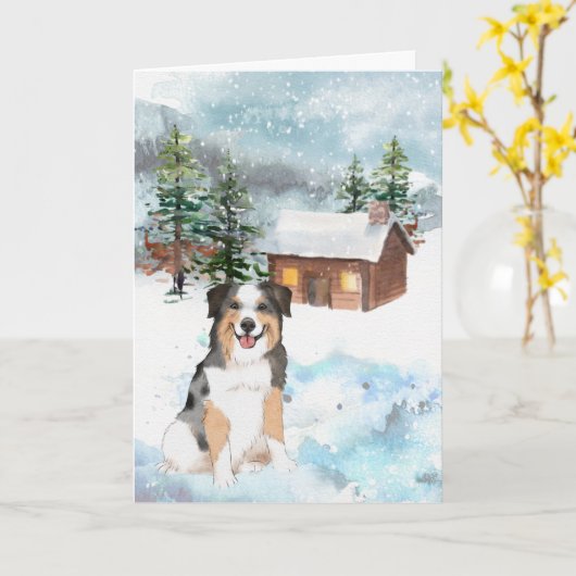 Carte de Noël Australian Shepherd (Bleu) (Fleur jaune)