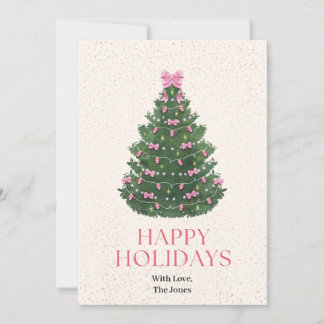 Carte de Noël avec arbre décoré d'un ruban rose