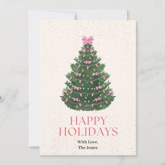 Carte de Noël avec arbre décoré d'un ruban rose (Devant)