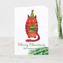Carte de Noël avec chat rouge. Chat aquarelle