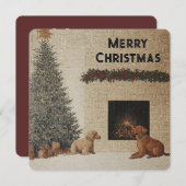 Carte de Noël avec Chiens et Cheminée couleur neut (Devant / Derrière)