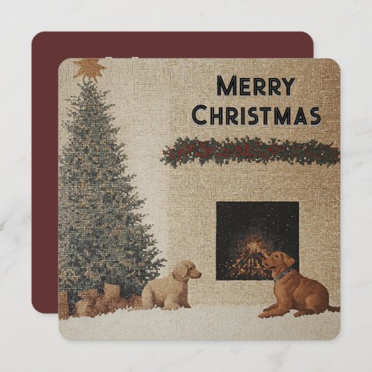 Carte de Noël avec Chiens et Cheminée couleur neut (Devant / Derrière)