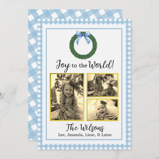 Carte de Noël avec couronne à carreaux bleus et nœ (Devant / Derrière)