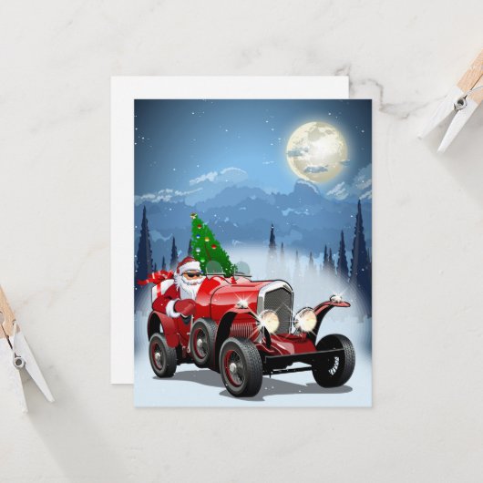 Carte de Noël avec dessin animé voiture rétro & co (Devant/Arrière en situation)