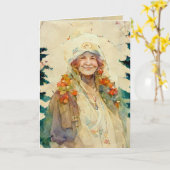 Carte de Noël avec femme âgée aquarelle hiver (Fleur jaune)