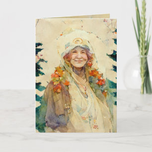 Carte de Noël avec femme âgée aquarelle hiver