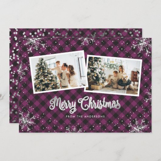 Carte de Noël avec flacon de neige en argent mauve (Devant / Derrière)