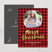 Carte de Noël avec motif écossais rouge et or (Devant / Derrière)