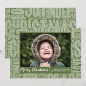 Carte de Noël avec mots de Noël et paillettes vert (Devant / Derrière)