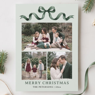 Carte de Noël avec nœud aquarelle vert sauge
