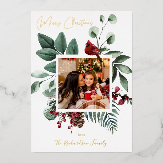Carte de Noël avec oiseau cardinal et pin (Recto)