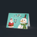 Carte de Noël avec Père Noël et le bonhomme de<br><div class="desc">Carte de Noël avec Père Noël et le bonhomme de neige. Vecteur. © et ® Editable Bigstock® - tous droits réservés.</div>