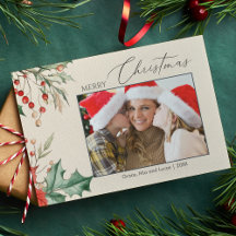 Carte de Noël avec photo de famille au houx aquare