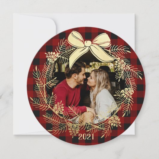 Carte de Noël avec plaid buffle et couronne dorée (Devant)
