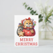 Carte de Noël avec un adorable chaton et un hériss (Debout devant)