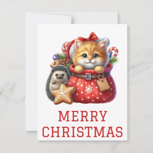 Carte de Noël avec un adorable chaton et un hériss (Devant)