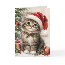 Carte de Noël avec un chat festif portant un chape