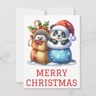 Carte de Noël avec un ours panda et un jeune héris