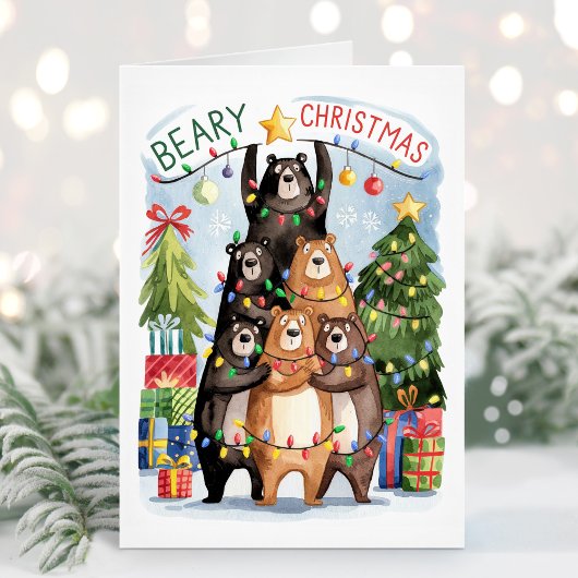 Carte de Noël Beary Bears de l'aquarelle mignonne
