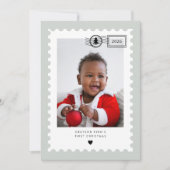 Carte de Noël bébé 1er Noël timbre-poste vert saug (Devant)