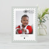 Carte de Noël bébé 1er Noël timbre-poste vert saug (Debout devant)