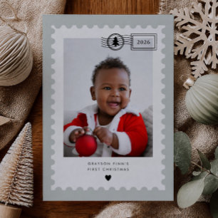 Carte de Noël bébé 1er Noël timbre-poste vert saug