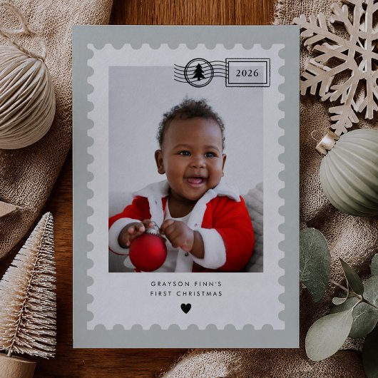 Carte de Noël bébé 1er Noël timbre-poste vert saug