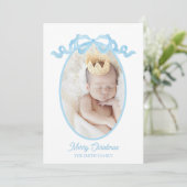 Carte de Noël bébé garçon à aquarelle et ruban ble (Debout devant)