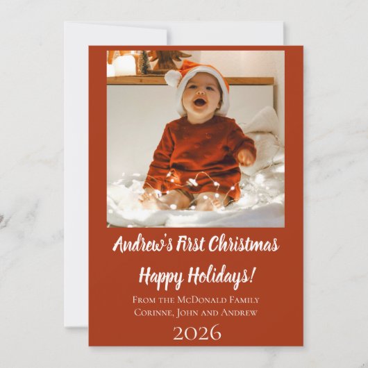 Carte de Noël bébé premier Noël rouge nom année (Devant)