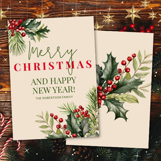 Carte de Noël beige aux baies rouges vierges