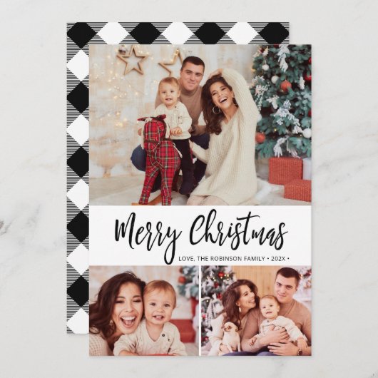 Carte de Noël Black White Plaid 3 Photo Collage (Devant / Derrière)