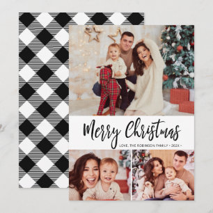 Carte de Noël Black White Plaid 3 Photo Collage